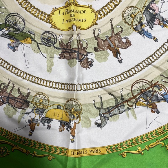 Authentic HERMES "LA PROMENADE DE LONGCHAMPS" Green 100% Silk Scarf - Picture 6 of 13